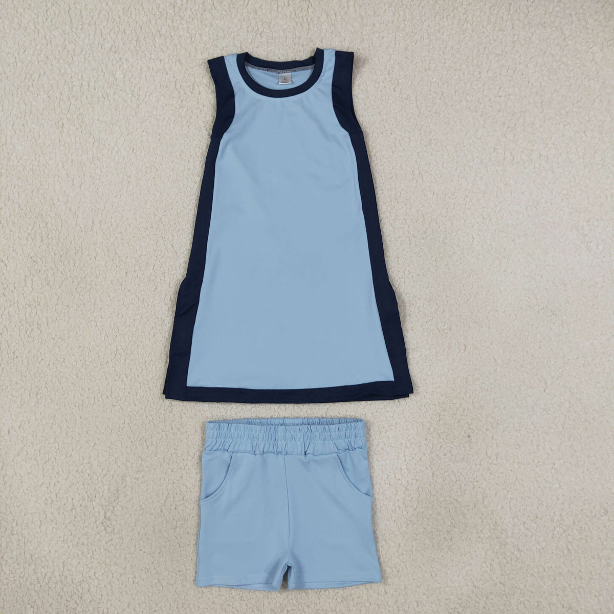 GSSO3847 Baby Girls Navy Blue Split Tunic Pockets Short Yoga Active Clothes Set