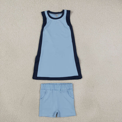 GSSO3847 Baby Girls Navy Blue Split Tunic Pockets Short Yoga Active Clothes Set