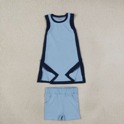GSSO3847 Baby Girls Navy Blue Split Tunic Pockets Short Yoga Active Clothes Set