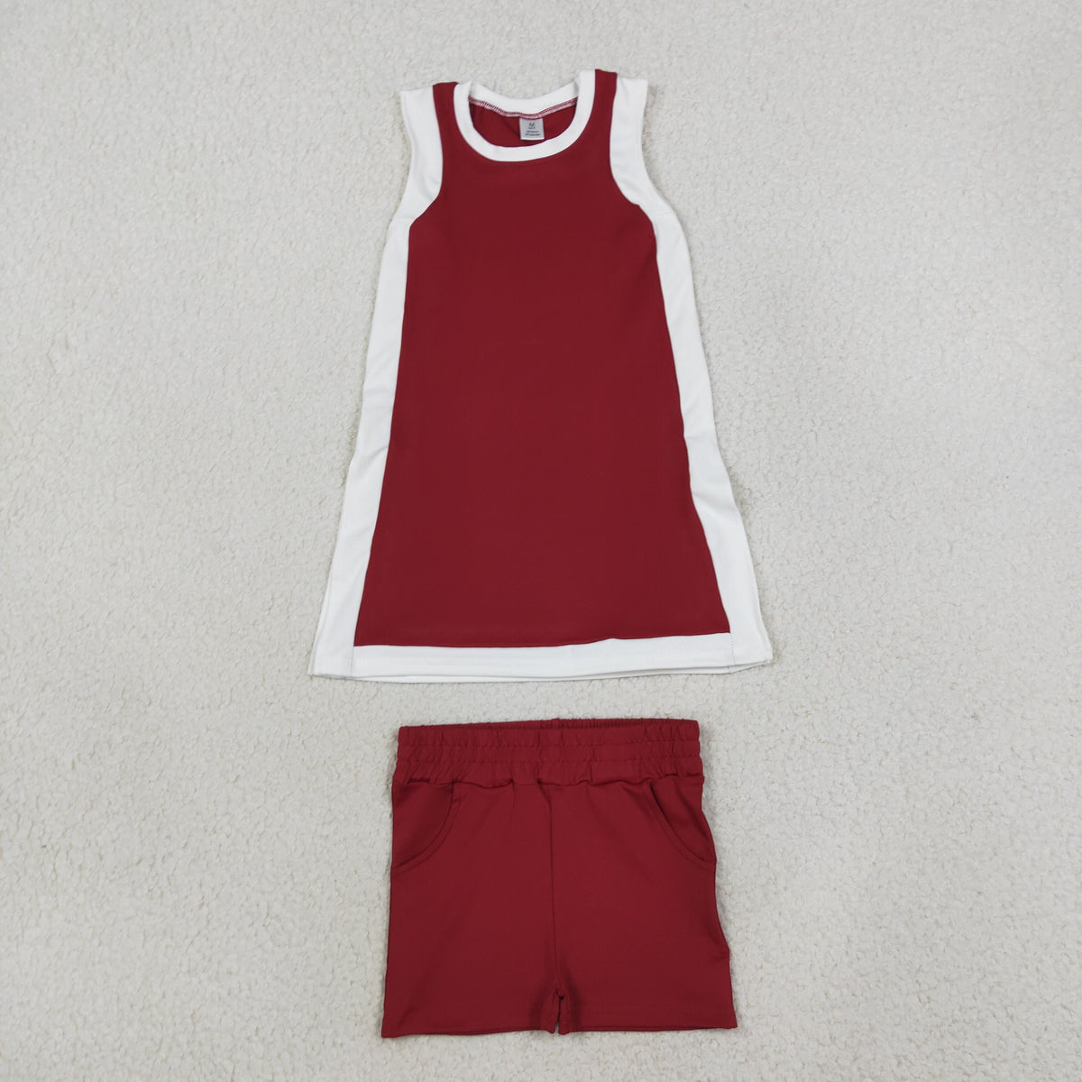 GSSO3848 Baby Girls White Maroon Split Tunic Pockets Short Yoga Active Clothes Set