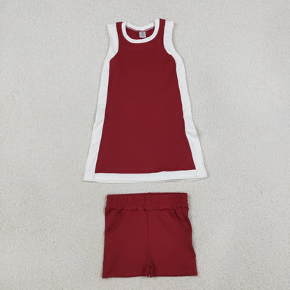 GSSO3848 Baby Girls White Maroon Split Tunic Pockets Short Yoga Active Clothes Set
