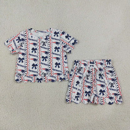 Sibling Baby Girls Short Sleeve Team Bows Stripe Top Pockets Short Scallop Clothes Set