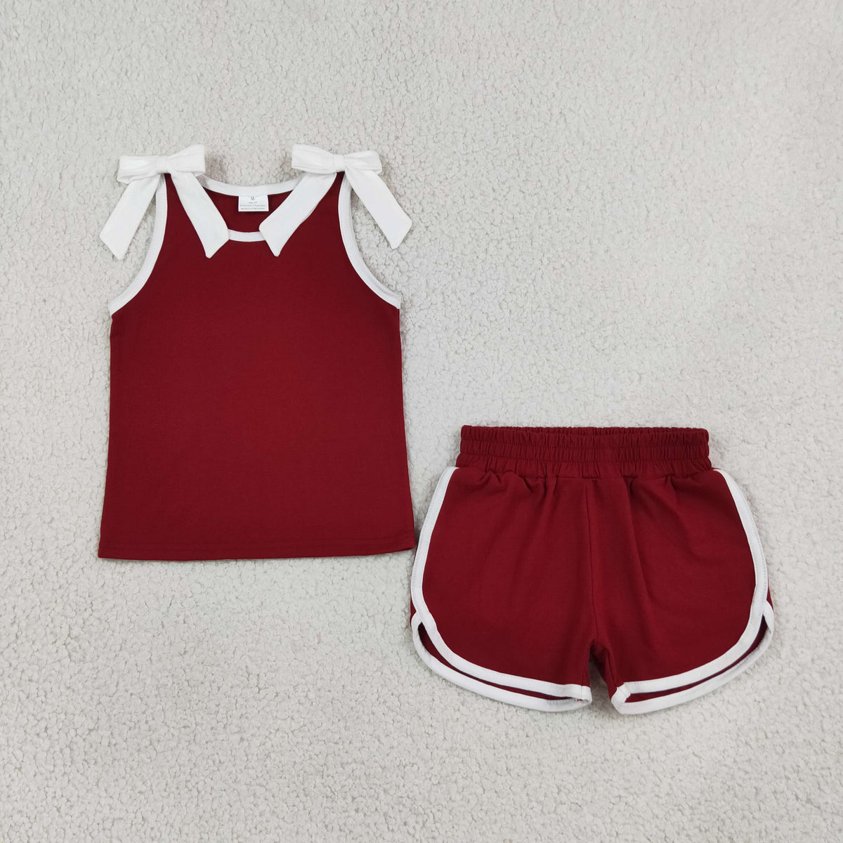 GSSO3855 Baby Girls Maroon White Bows Sleeveless Vests Pockets Short Clothes Set