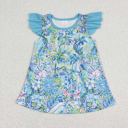 Sibling Baby Girls Sea Flowers Flutter Sleeve Tunic Tops