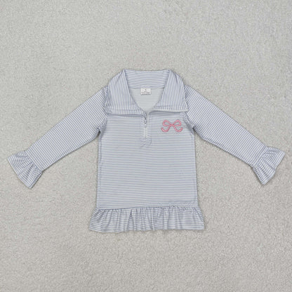 Sibling Baby Girls Embroidery Bows Shoes Zipper Ruffle Pullovers Top