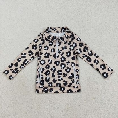 Sibling Baby Girls Flowers Bows Leopard Pockets Half Zipper Yoga Active Pullovers Top