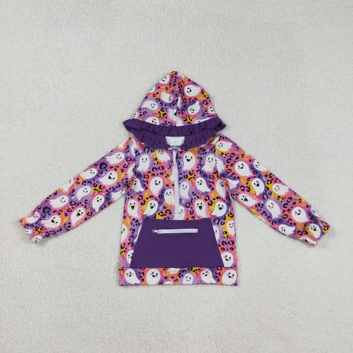Sibling Baby Girls Colorful Patchwork Ghosts Pocket Zipper Halloween Hoodies Top