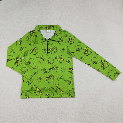 Mama and Me Green Face Plaid Pocket Zipper Christmas Pullover Tops