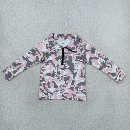 Sibling Baby Girls Long Sleeve Leaves Camo Zip Pockets Yoga Active Pullovers Top