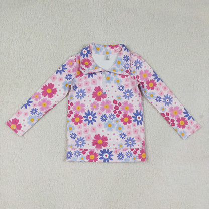 Sibling Baby Girls Flowers Bows Leopard Pockets Half Zipper Yoga Active Pullovers Top