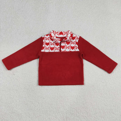 GT1505 Baby Girls Red Hearts Bows Checked Zipper Pullover Valentines Sherpa Tops