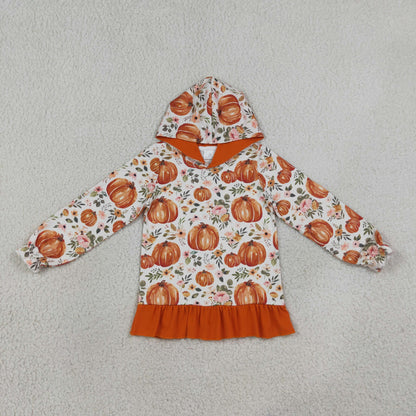 Sibling Baby Girls Flowers Pumpkins Fall Ruffle Hoodies Top