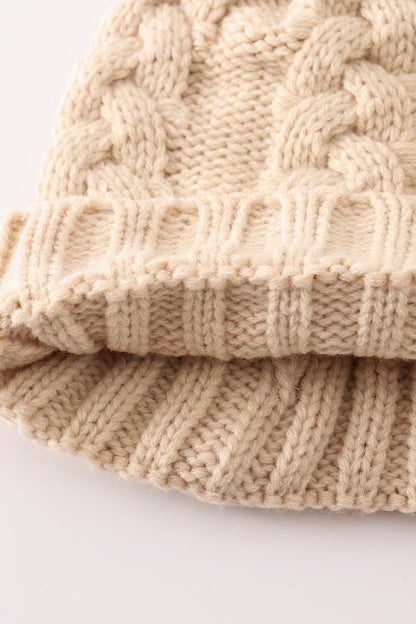 Beige pompom  cable beanie hat