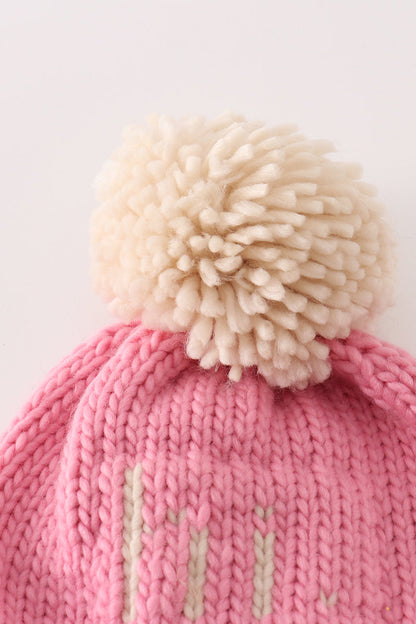 Pink pompom hi cable beanie hat