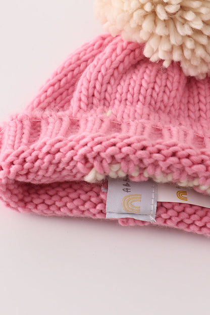 Pink pompom hi cable beanie hat