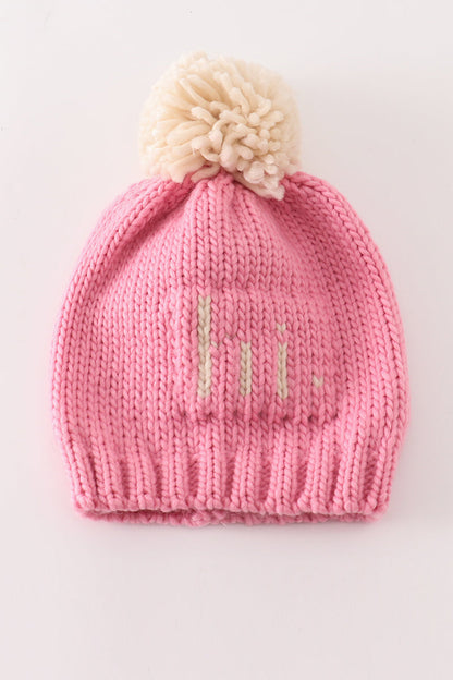 Pink pompom hi cable beanie hat