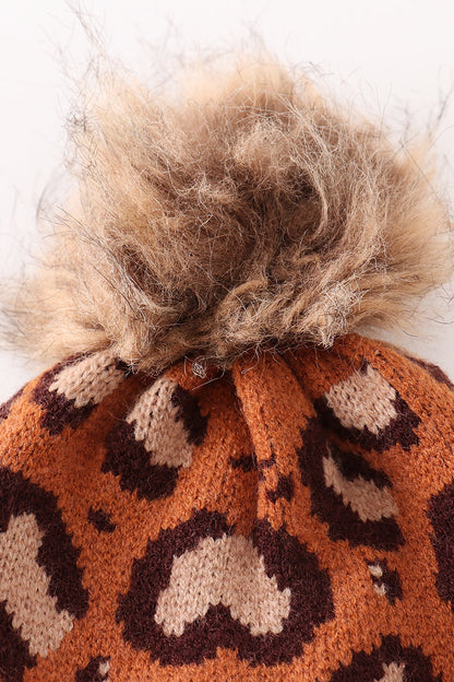 Brown pompom leopard cable beanie hat