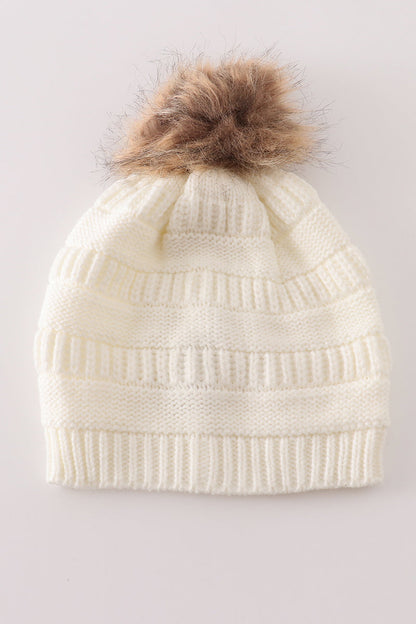 Ivory pompom cable beanie hat