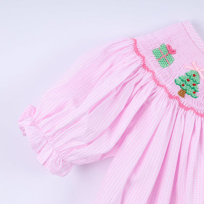 Pink christmas tree hand smocked ruffle pants set