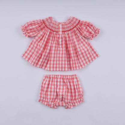 Red christmas santa claus hand smocked plaid bloomer set