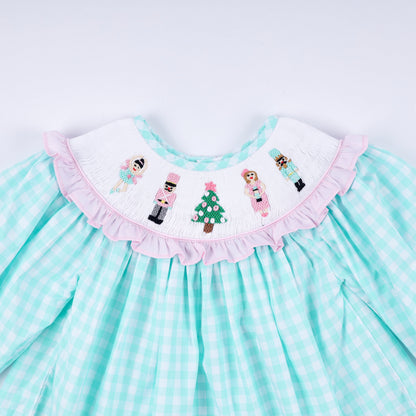 Mint christmas nutcracker hand smocked gingham ruffle pants set