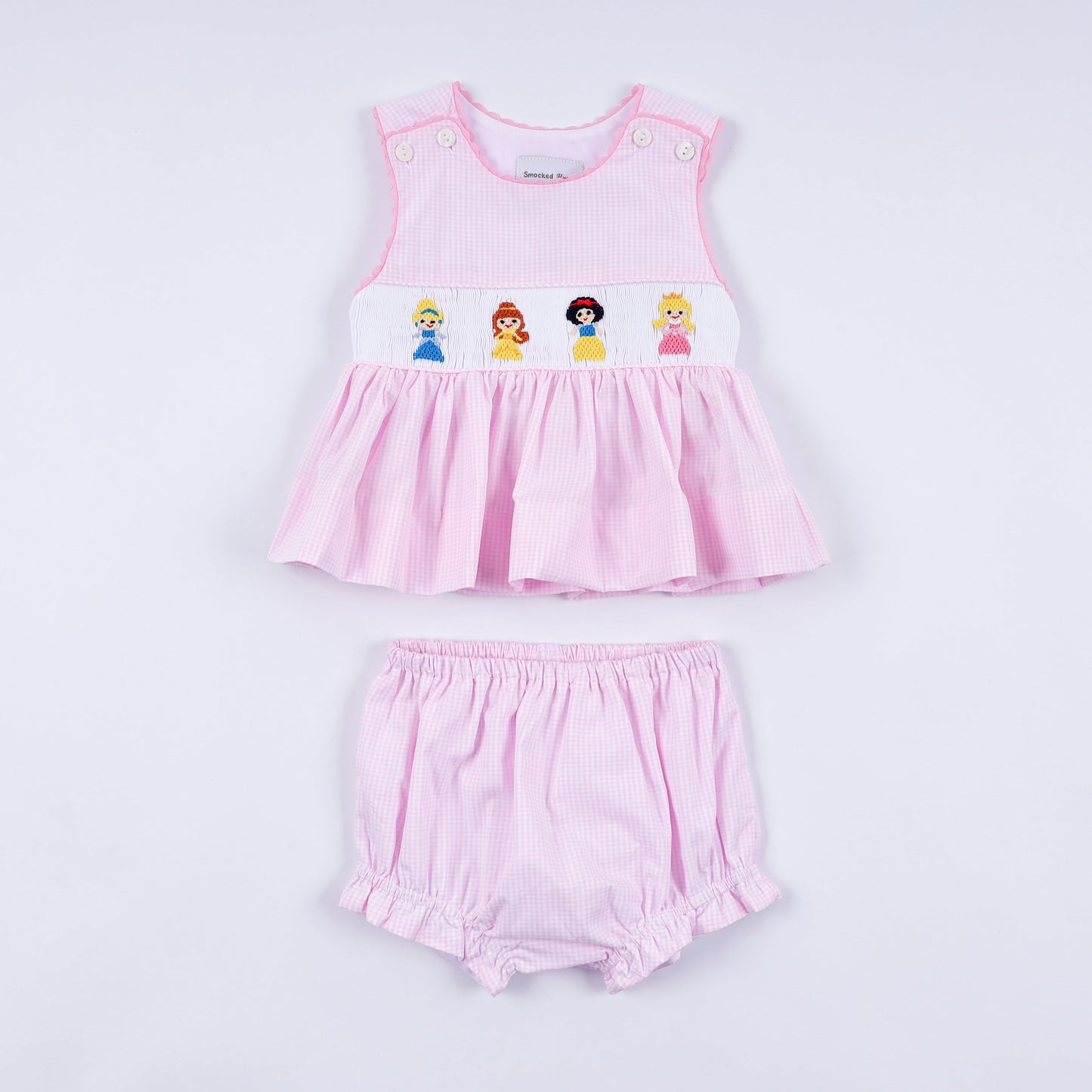 Pink princess hand smocked plaid bloomer set
