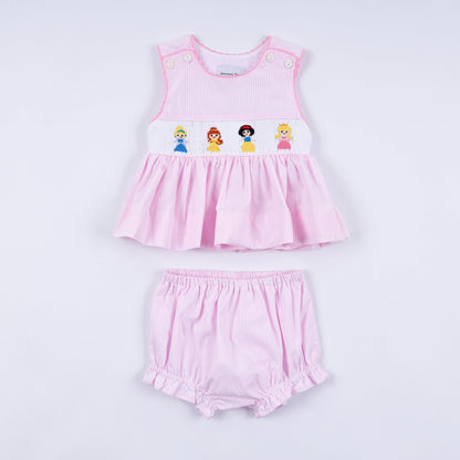 Pink princess hand smocked plaid bloomer set