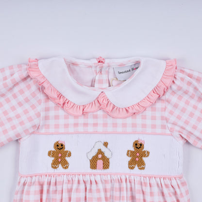 Pink gingerbread hand smocked gingham ruffle bubble