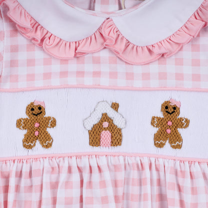 Pink gingerbread hand smocked gingham ruffle bubble