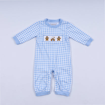 Blue gingerbread hand smocked gingham romper