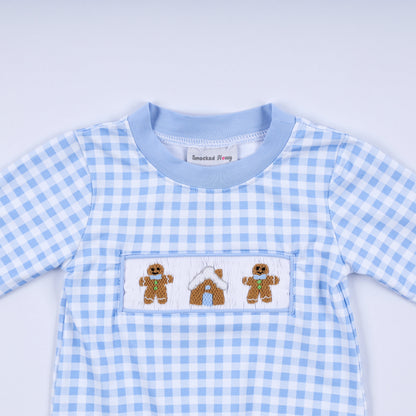 Blue gingerbread hand smocked gingham romper