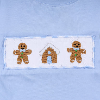 Blue gingerbread hand smocked gingham pants set