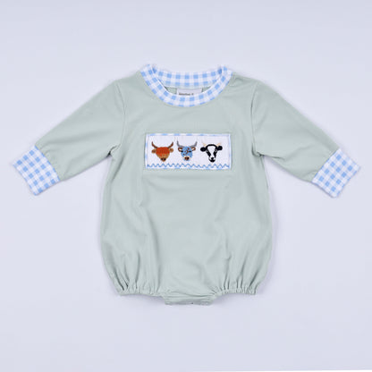 Sage cow hand smocked bubble