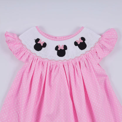 Pink character hand smocked dot ruffle dress