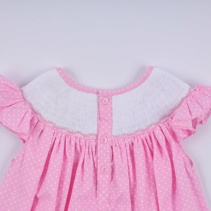 Pink character hand smocked dot ruffle dress