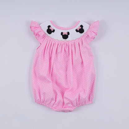 Pink character hand smocked dot ruffle bubble