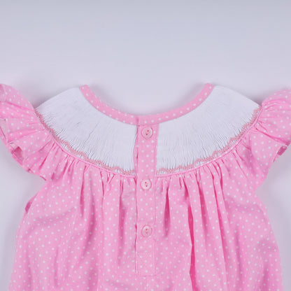 Pink character hand smocked dot ruffle bubble