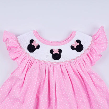 Pink character hand smocked dot ruffle bloomer set