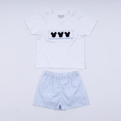 Blue character hand smocked gingham shorts set