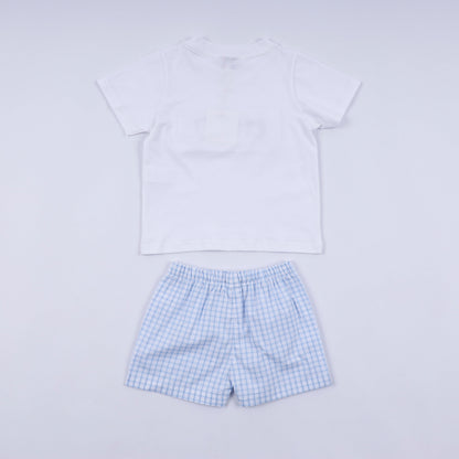 Blue character hand smocked gingham shorts set