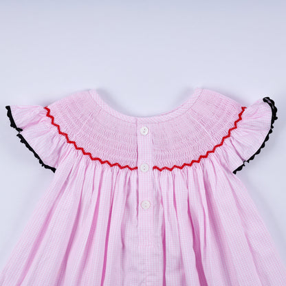 Red character hand smocked plaid ruffle dress