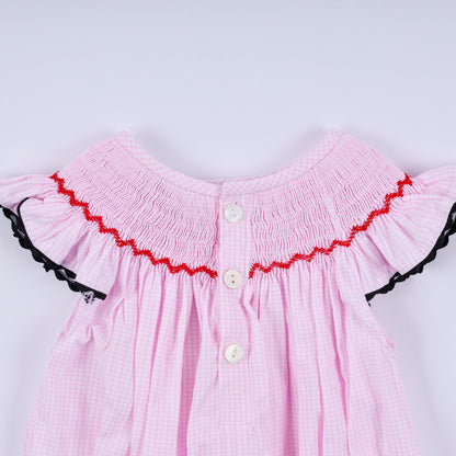Red character hand smocked plaid ruffle bubble