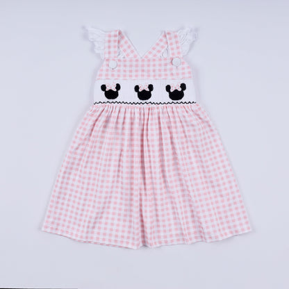 Pink character hand smocked gingham ruffle dress