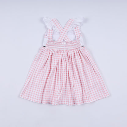 Pink character hand smocked gingham ruffle dress
