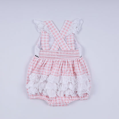 Pink character hand smocked gingham ruffle bubble