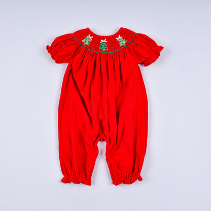 Red christmas tree hand smocked romper