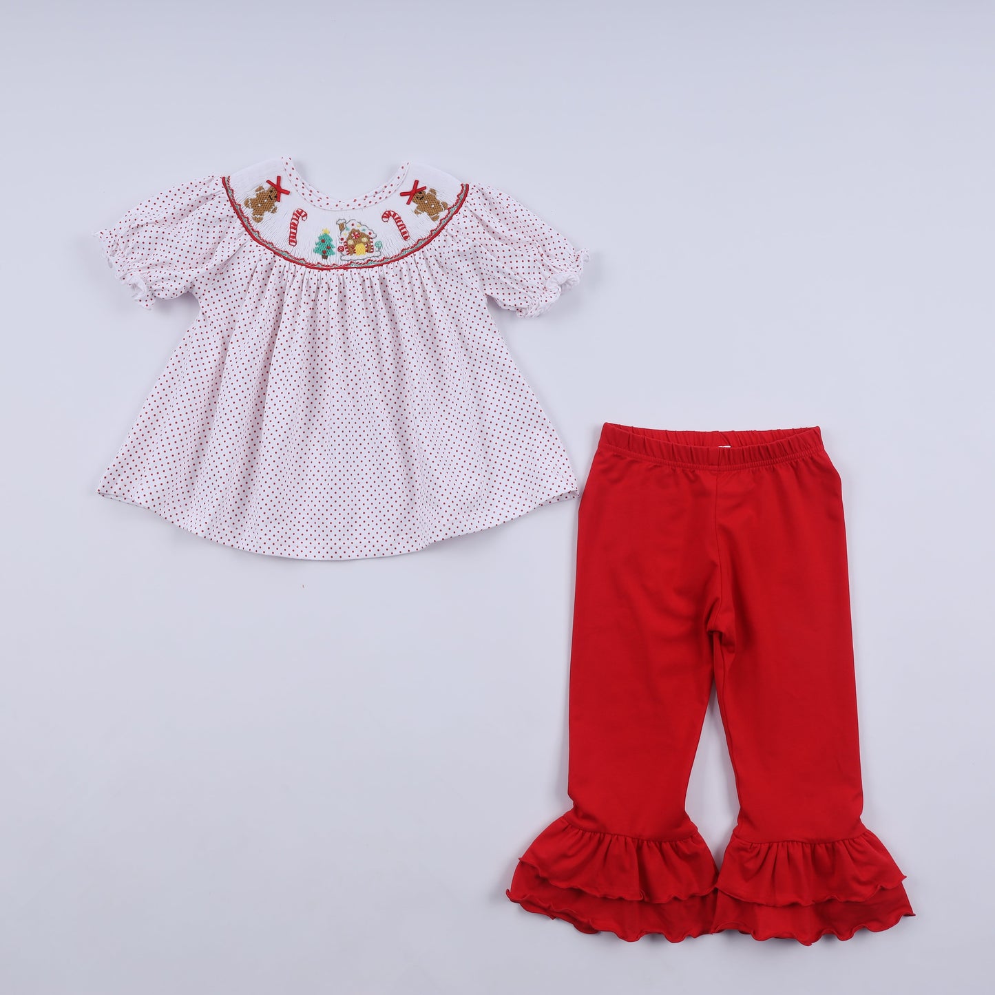 Red gingerbread hand smocked ruffle pants set