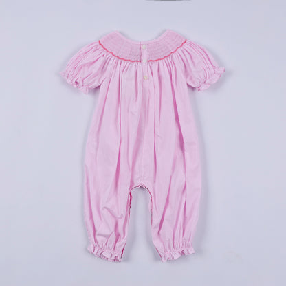 Pink christmas tree hand smocked ruffle romper