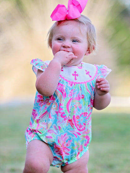 Easter Cross Smocking Embroidery Baby Girl Romper