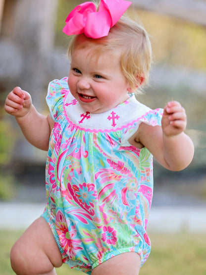 Easter Cross Smocking Embroidery Baby Girl Romper